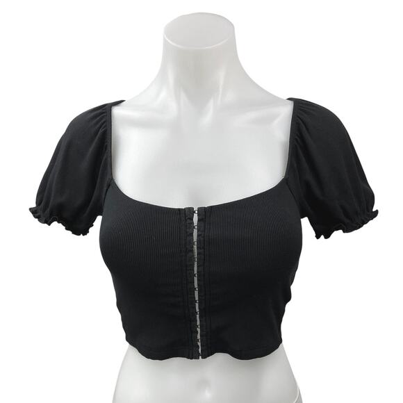 Aritzia Wilfred Black Ribbed Knit Puff Sleeve Hook & Loop Crop Top Blouse Size S - Picture 1 of 4